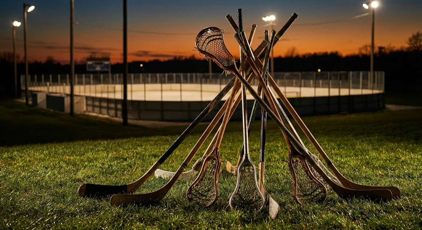 Hockey and lacrosse sticks on athletic field